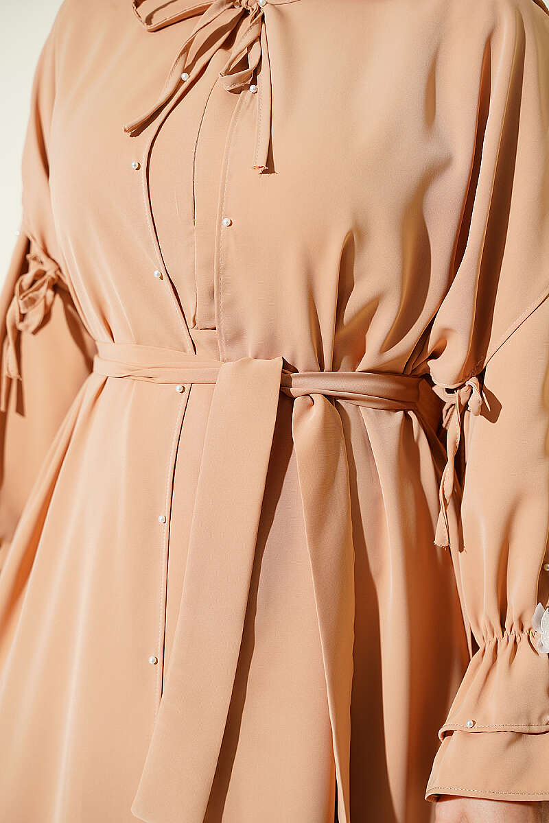 Cape Dress with Pearl Butterfly Detail - Latte