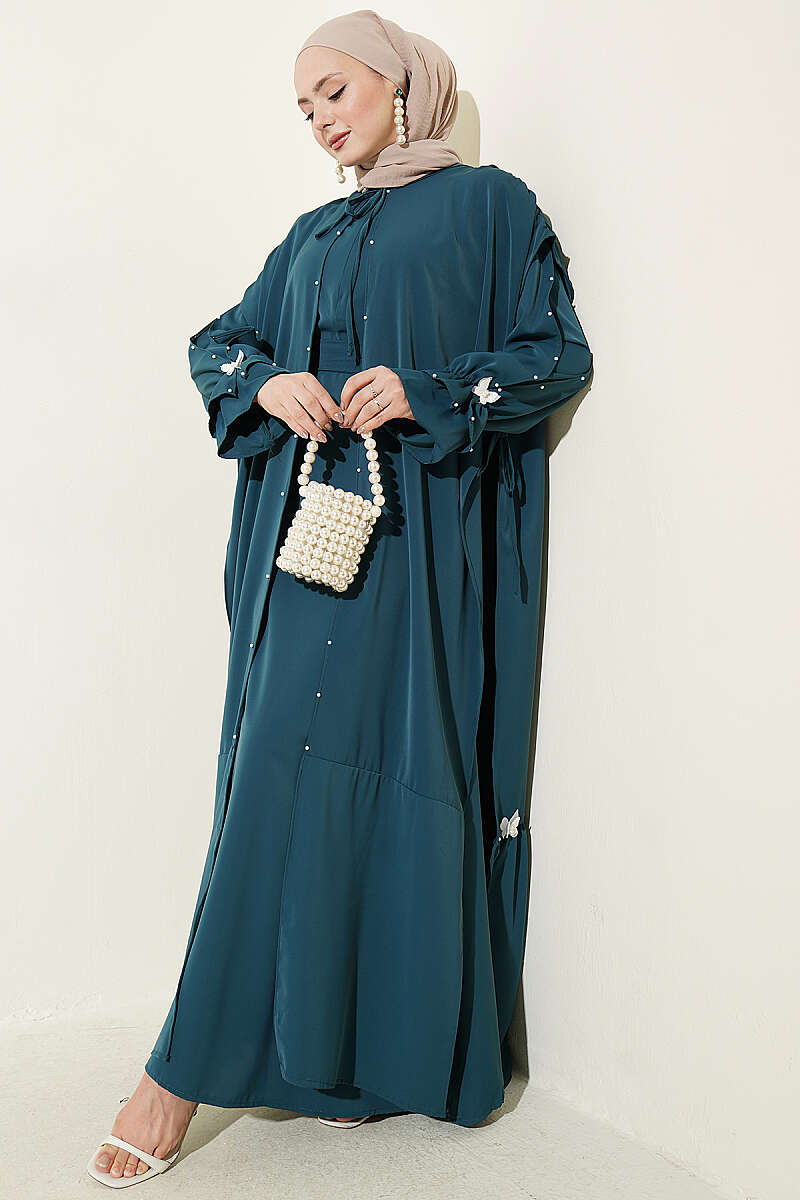 Cape Dress with Pearl Butterfly Detail - Teal