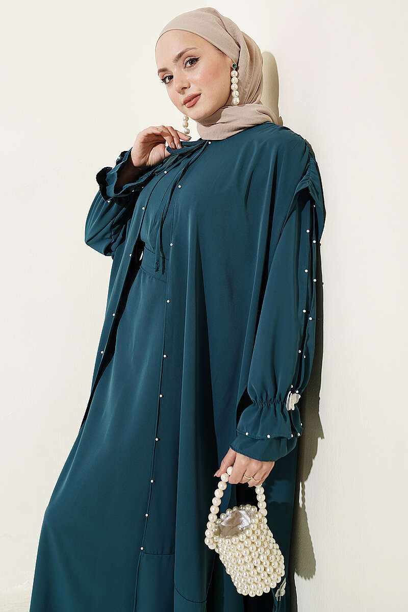 Cape Dress with Pearl Butterfly Detail - Teal