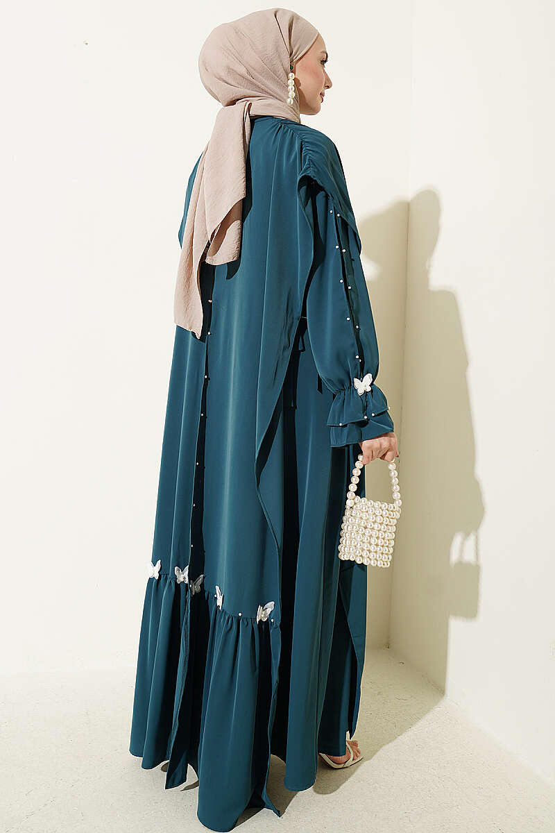 Cape Dress with Pearl Butterfly Detail - Teal