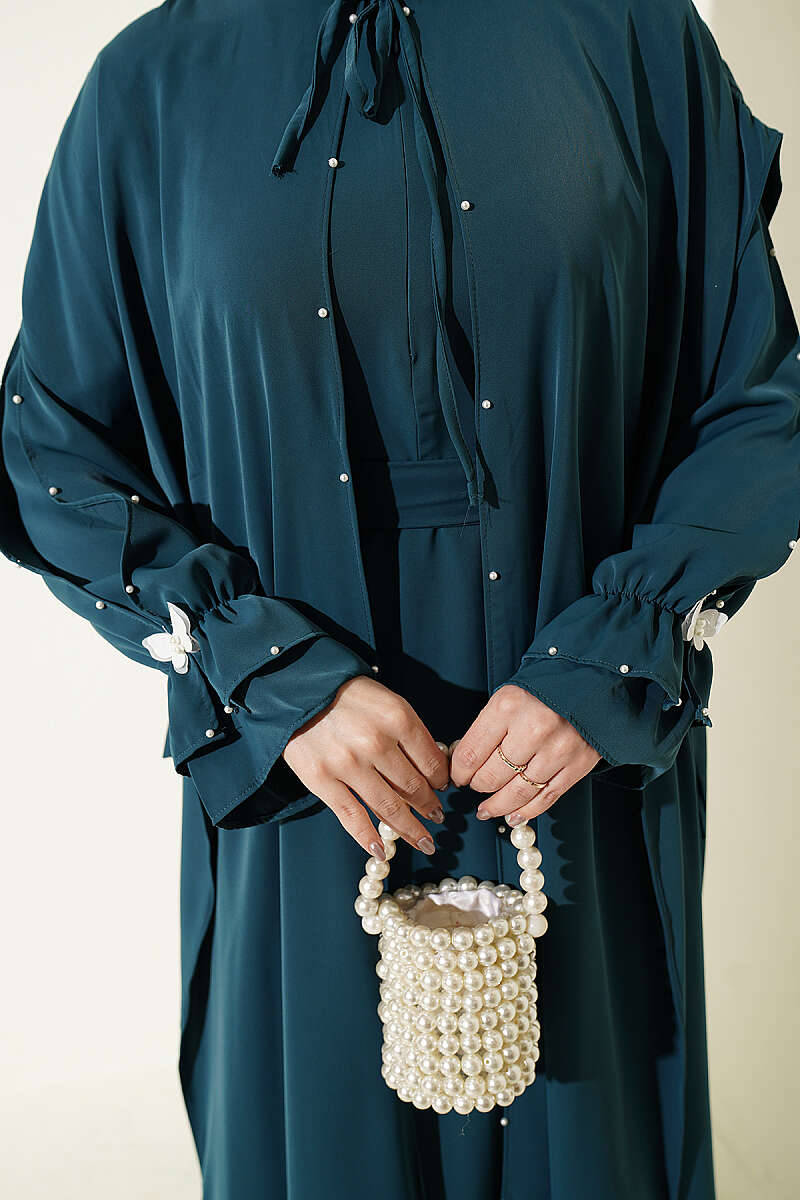 Cape Dress with Pearl Butterfly Detail - Teal