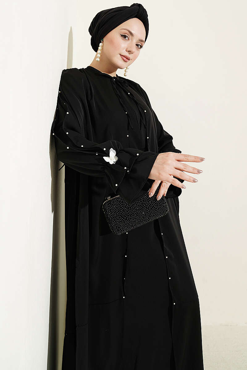 Cape Dress with Pearl Butterfly Detail - Black