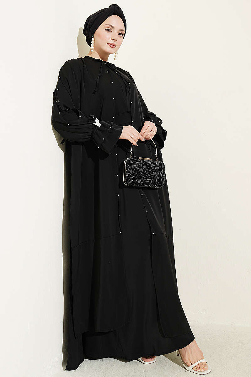Cape Dress with Pearl Butterfly Detail - Black