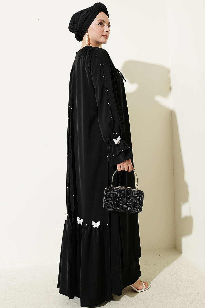 Cape Dress with Pearl Butterfly Detail - Black