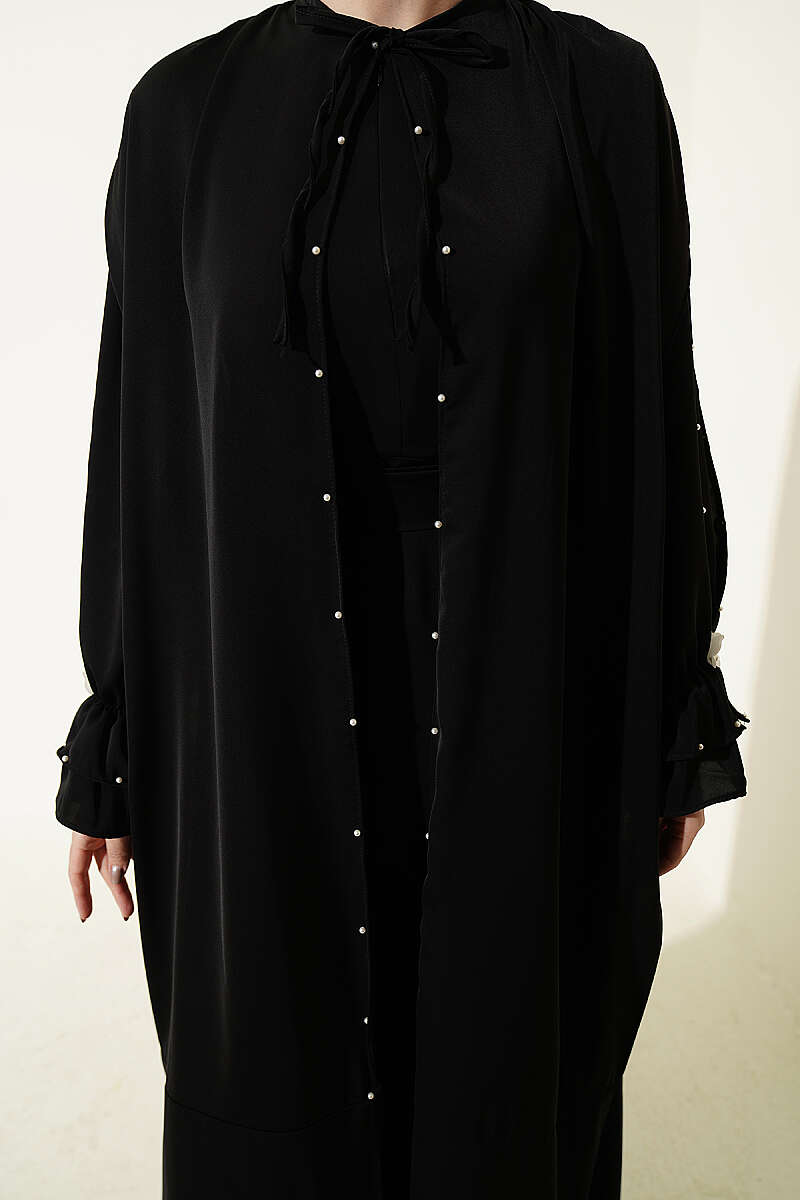 Cape Dress with Pearl Butterfly Detail - Black