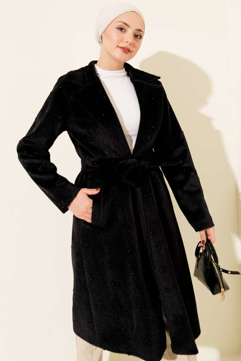 Belted Goldfox Coat with Pearls - Black