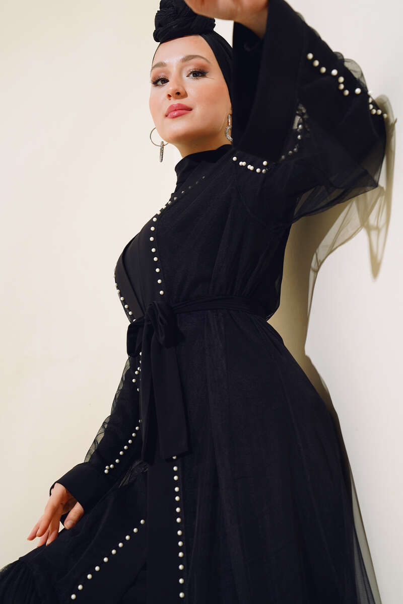 Abaya Set with Pearl Tulle Detail - Black