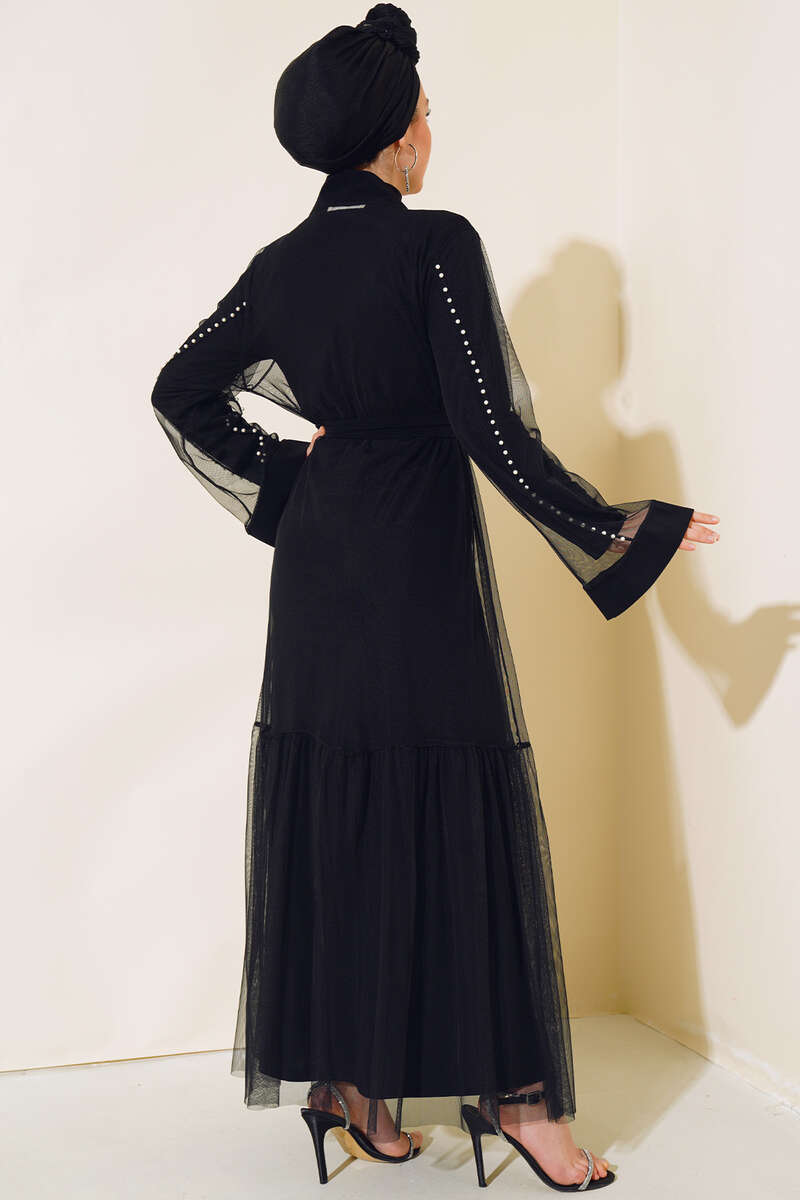 Abaya Set with Pearl Tulle Detail - Black