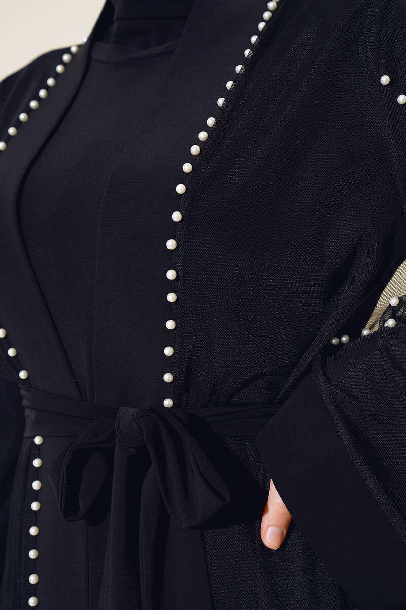 Abaya Set with Pearl Tulle Detail - Black