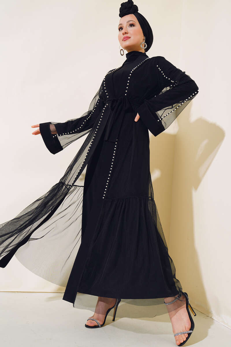 Abaya Set with Pearl Tulle Detail - Black