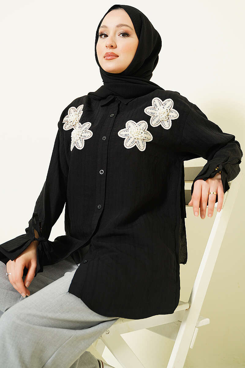 Pearl Floral Embroidered Modal Shirt - Black