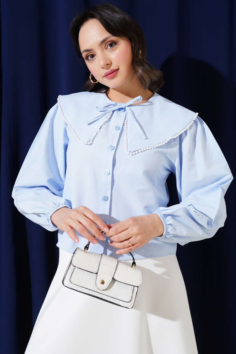 Short Sailor-Collar Shirt with Pearls - Ice Blue