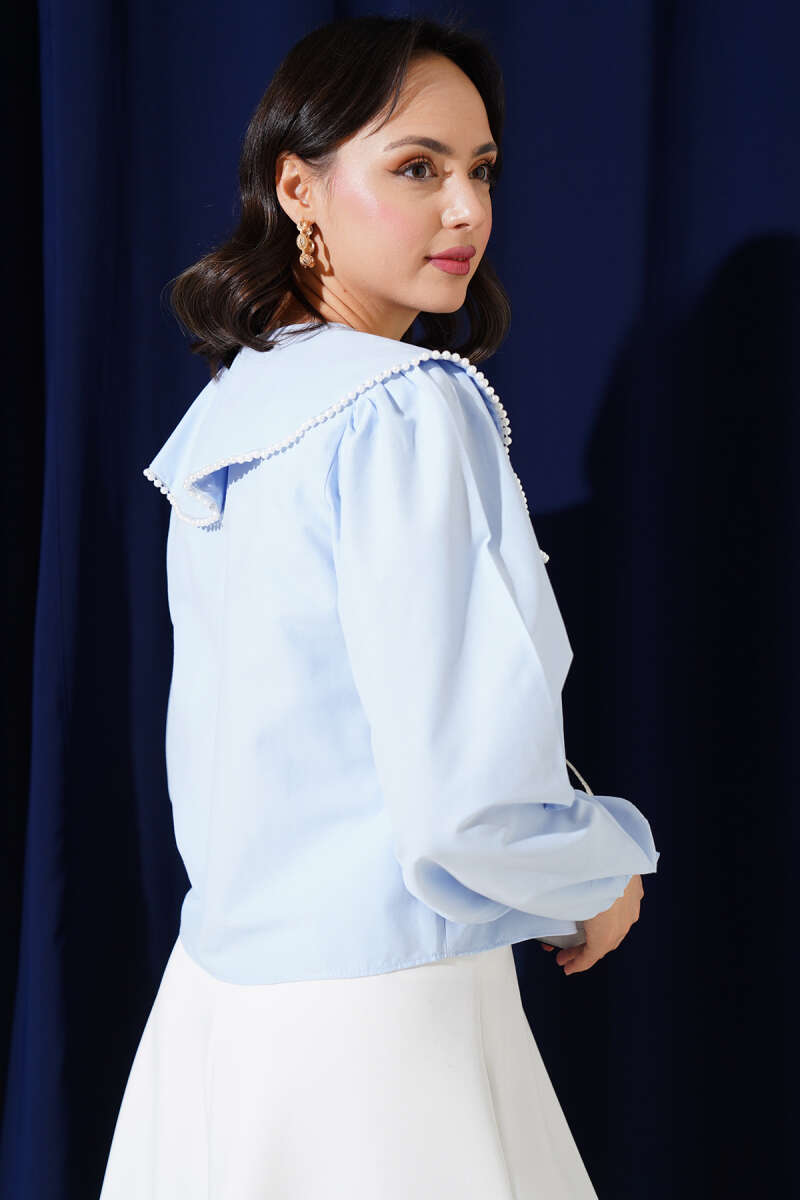 Short Sailor-Collar Shirt with Pearls - Ice Blue