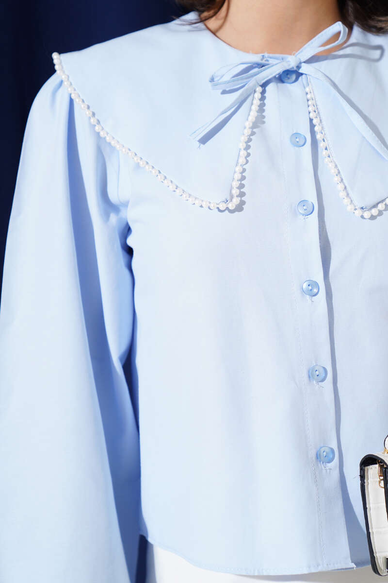 Short Sailor-Collar Shirt with Pearls - Ice Blue