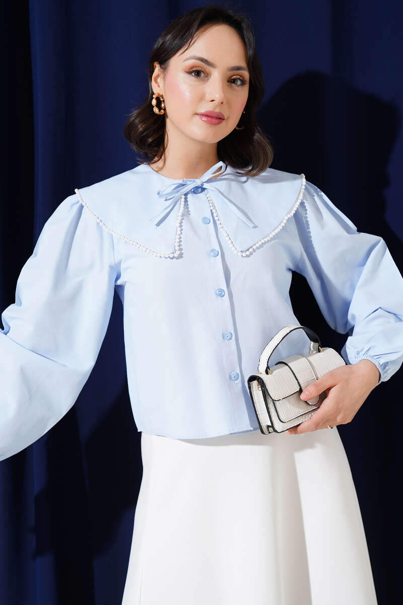 Short Sailor-Collar Shirt with Pearls - Ice Blue