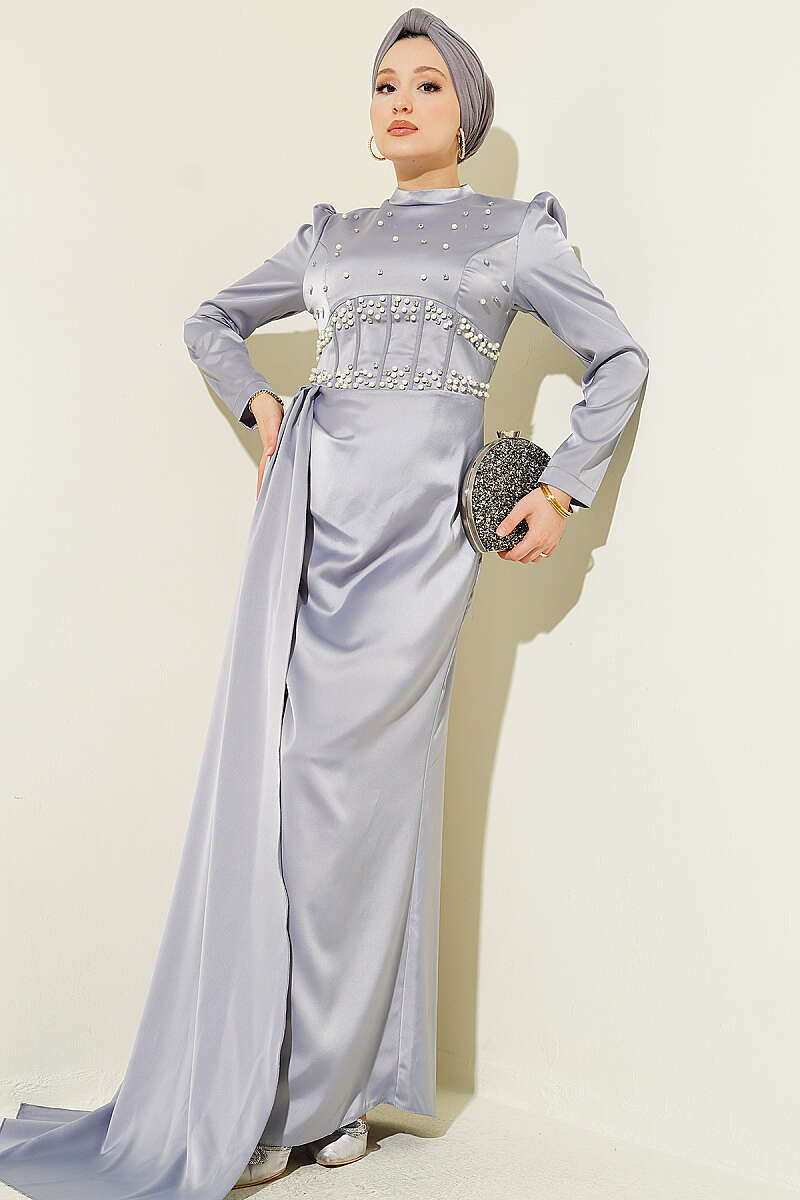Satin Evening Dress with Pearls and Stones - Grey