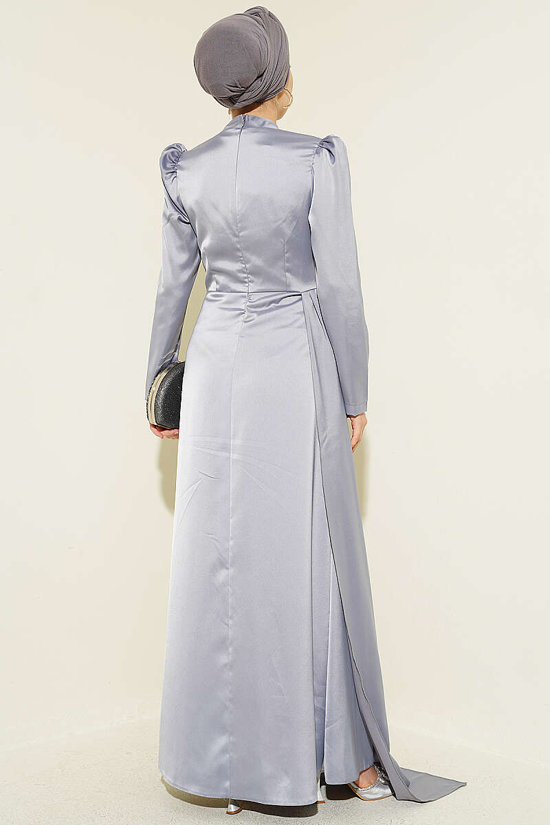 Satin Evening Dress with Pearls and Stones - Grey