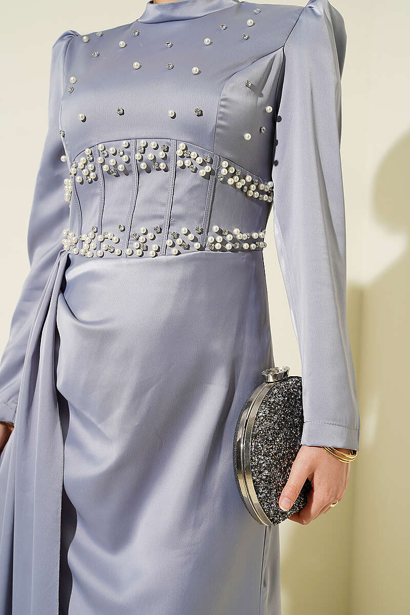 Satin Evening Dress with Pearls and Stones - Grey