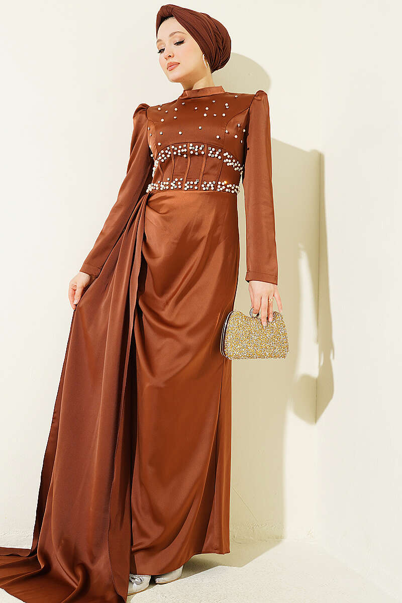 Satin Evening Dress with Pearls and Stones - Brown