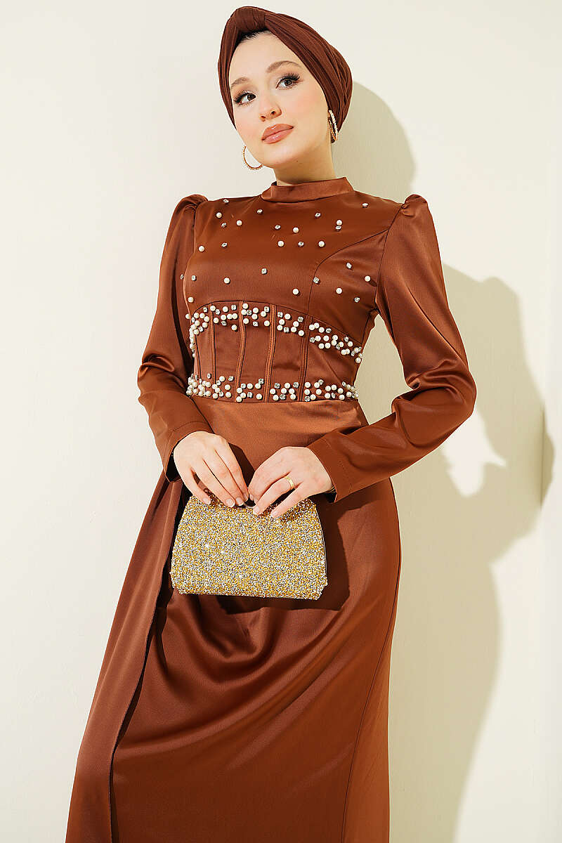 Satin Evening Dress with Pearls and Stones - Brown