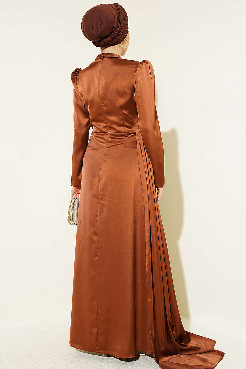 Satin Evening Dress with Pearls and Stones - Brown