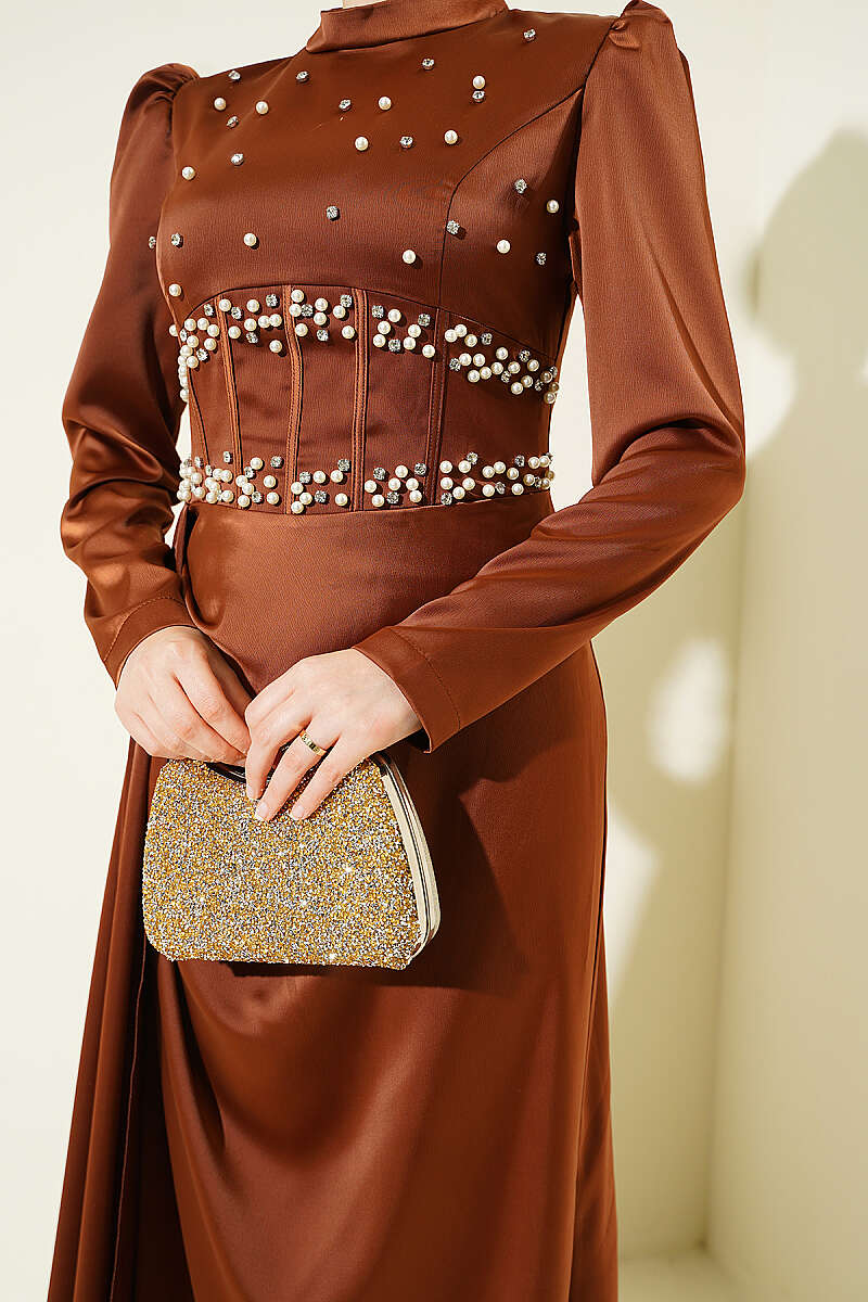 Satin Evening Dress with Pearls and Stones - Brown