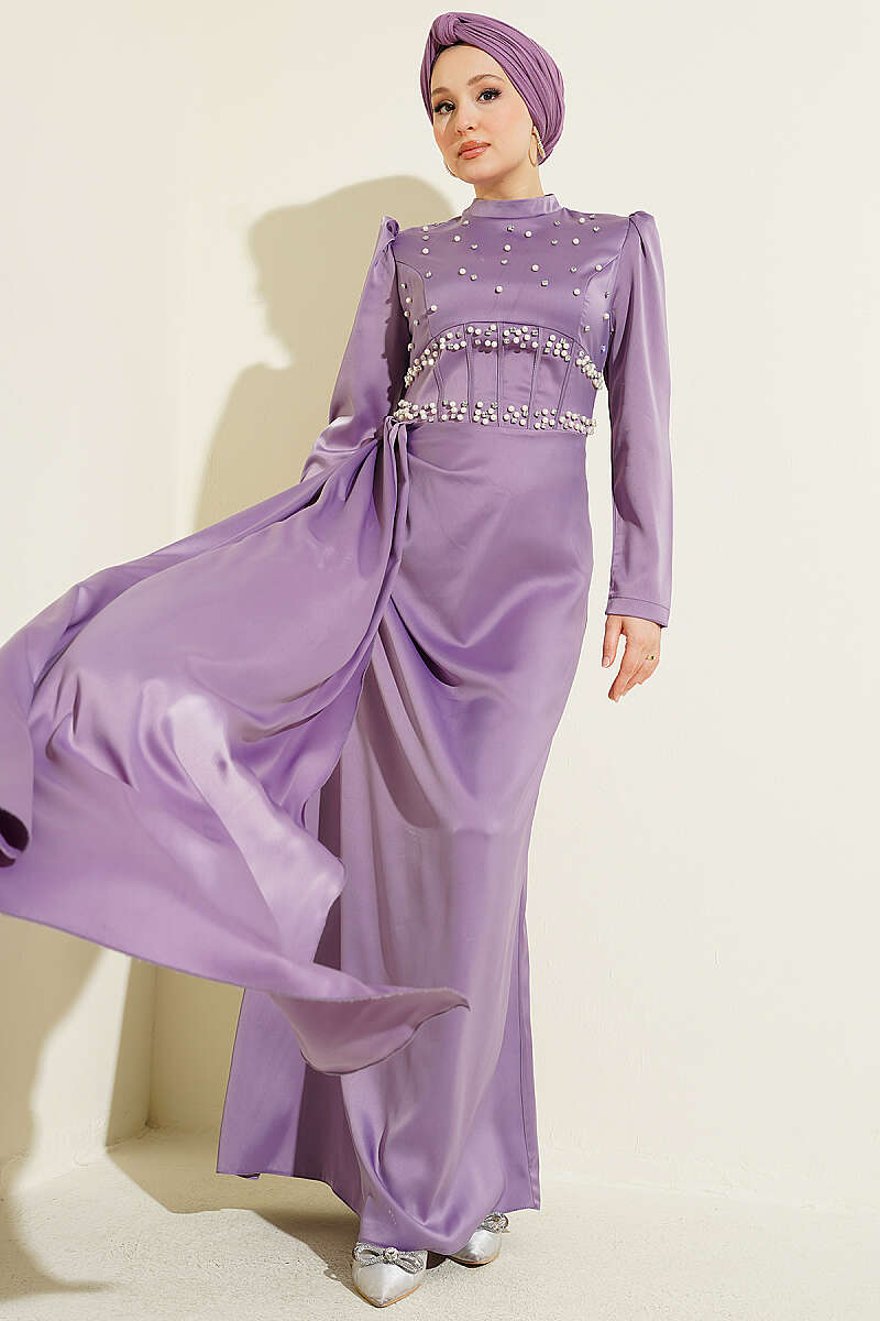 Satin Evening Dress with Pearls and Stones - Lilac