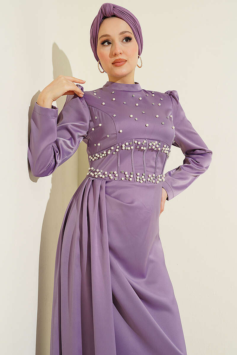 Satin Evening Dress with Pearls and Stones - Lilac