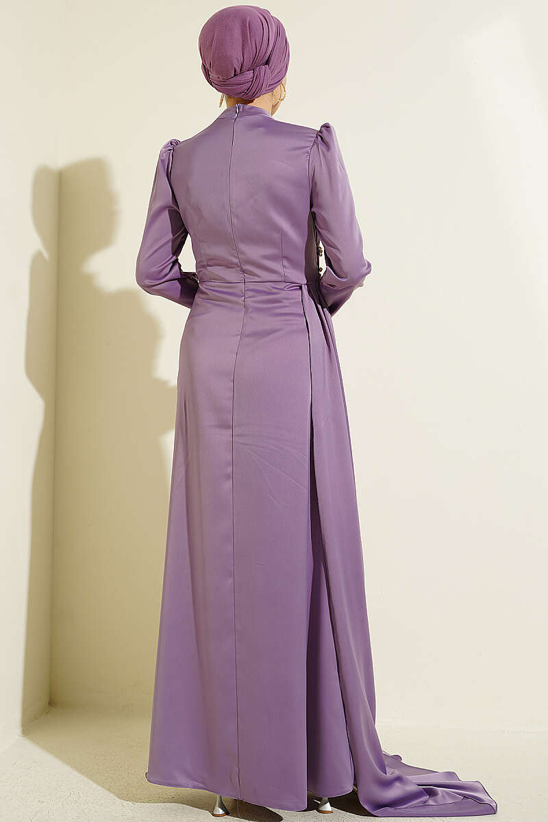 Satin Evening Dress with Pearls and Stones - Lilac