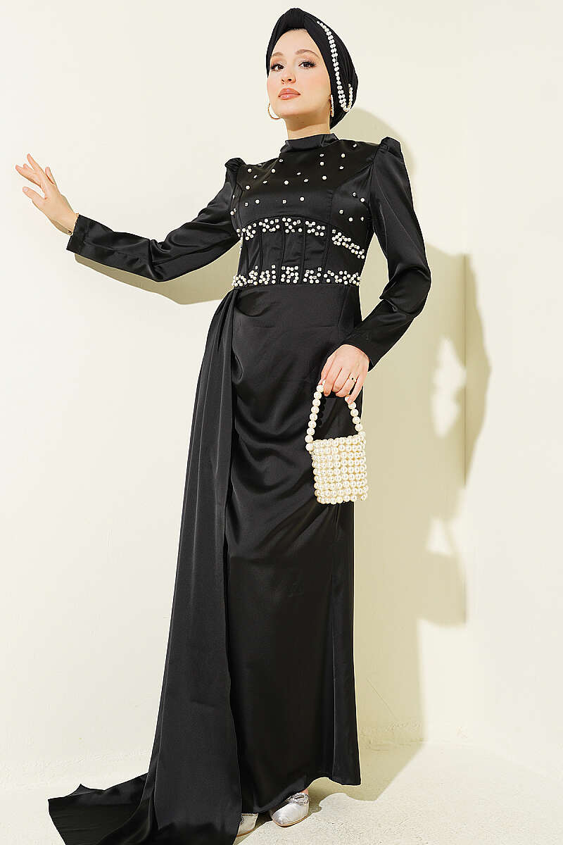 Satin Evening Dress with Pearls and Stones - Black