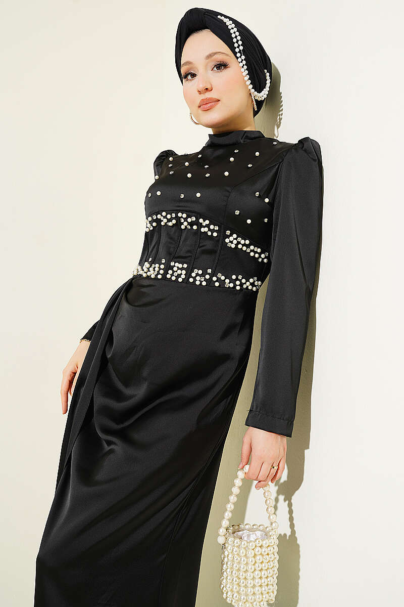Satin Evening Dress with Pearls and Stones - Black