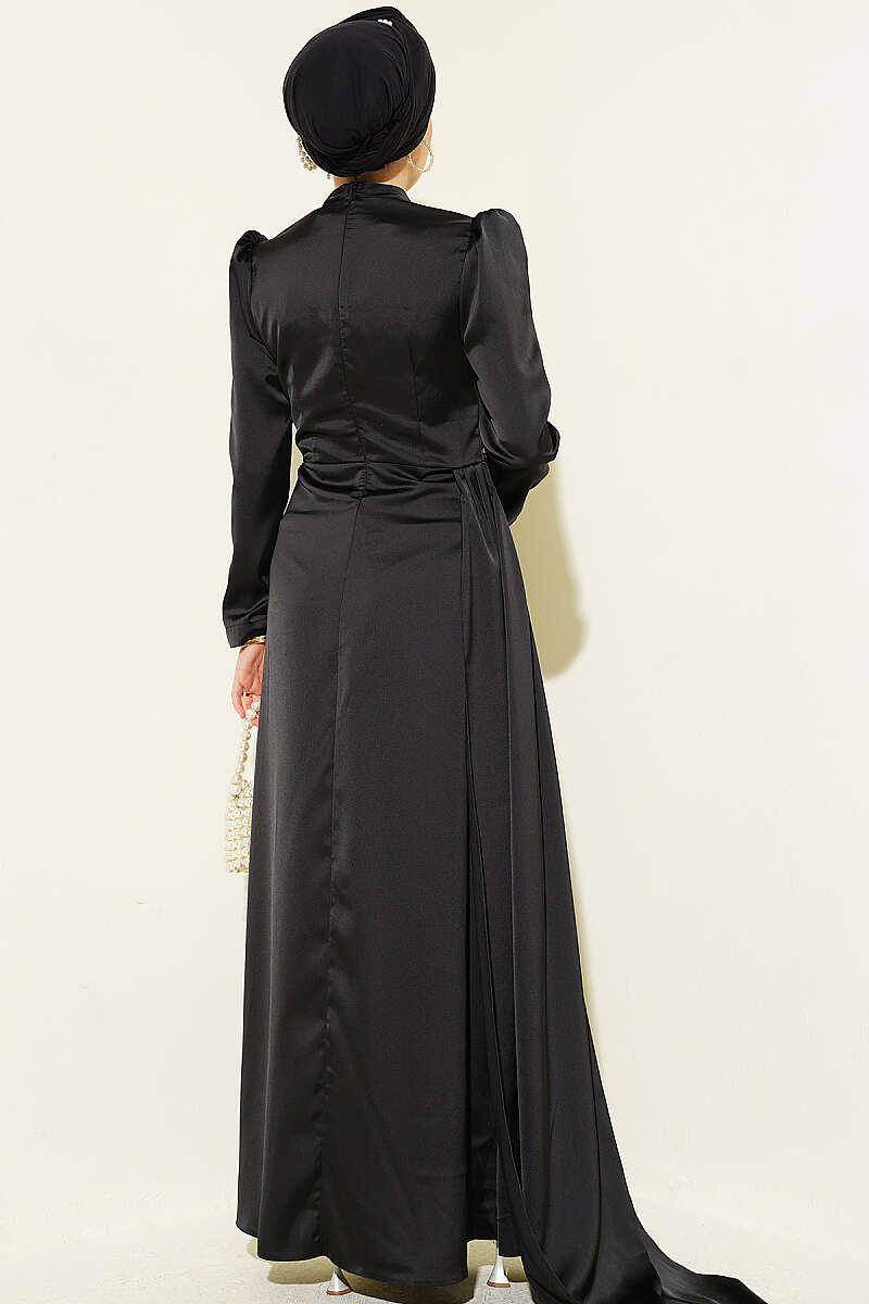 Satin Evening Dress with Pearls and Stones - Black