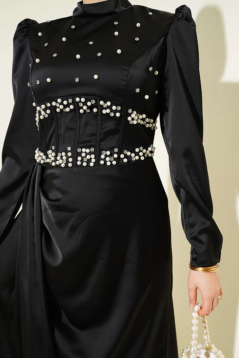 Satin Evening Dress with Pearls and Stones - Black