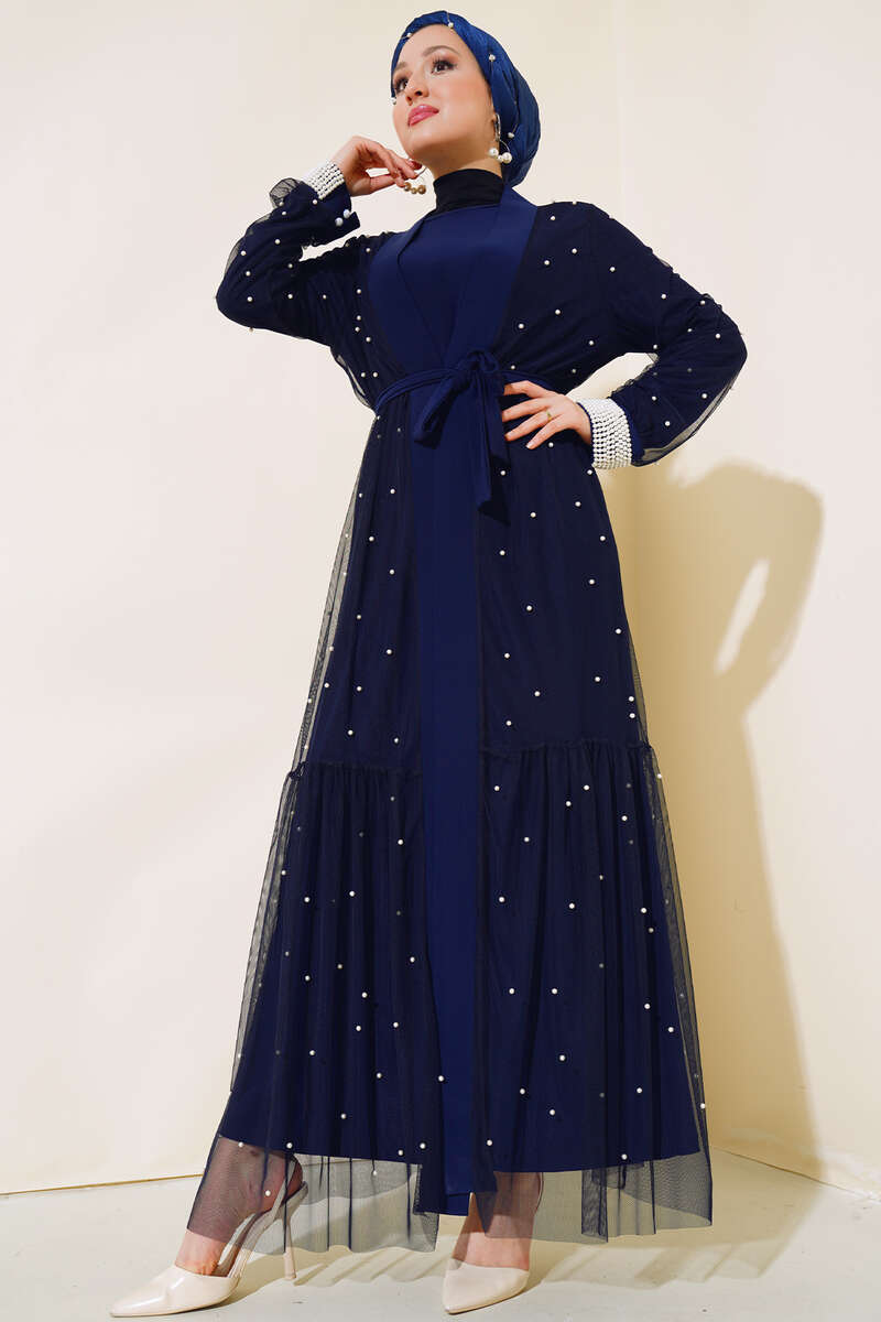 Abaya Set with Pearl Tulle - Navy