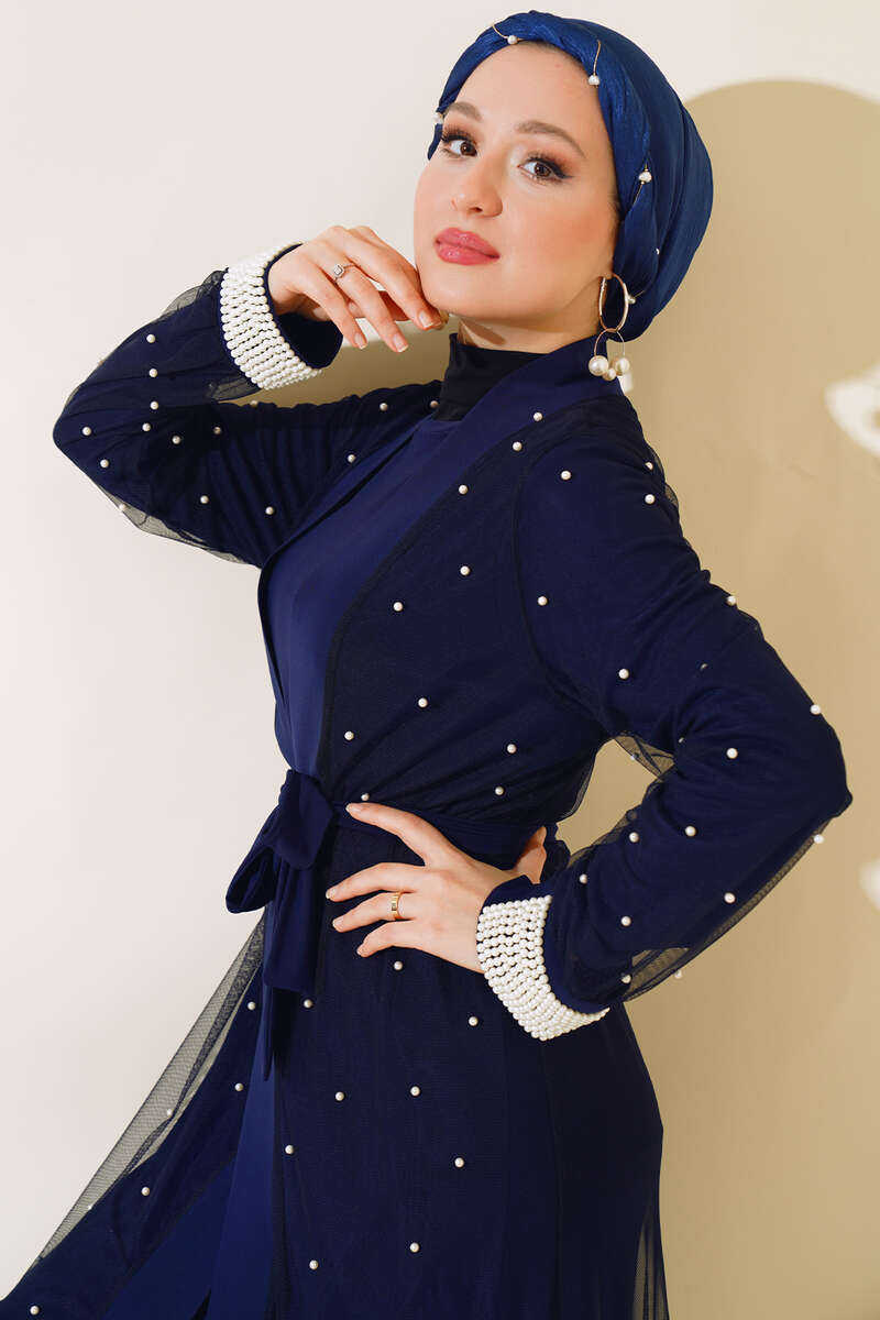 Abaya Set with Pearl Tulle - Navy