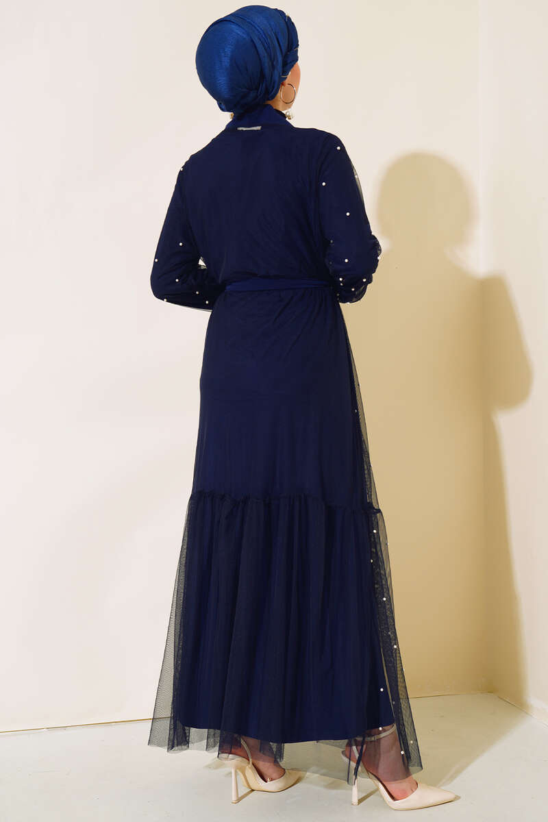 Abaya Set with Pearl Tulle - Navy