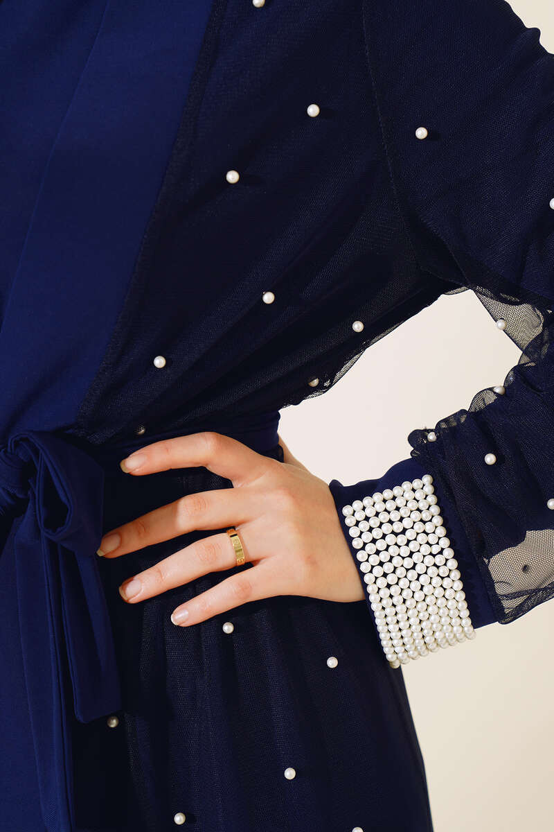 Abaya Set with Pearl Tulle - Navy