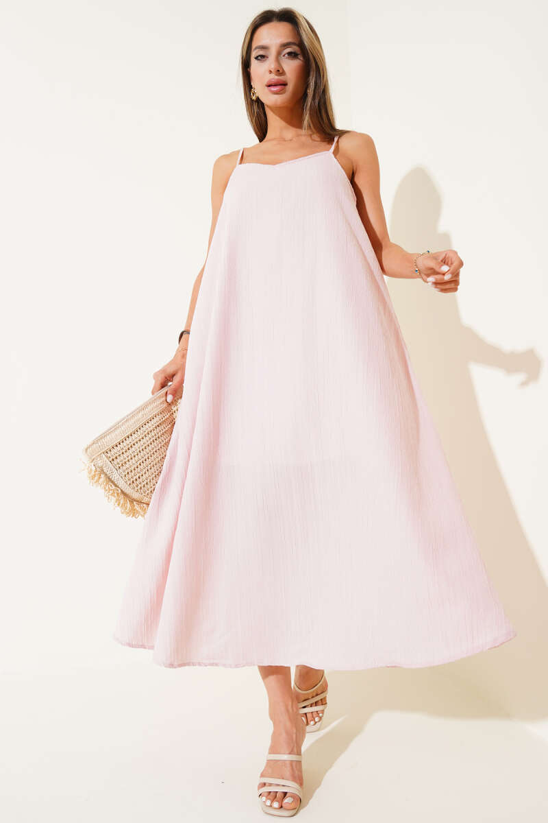 Spaghetti-Strap Crinkle Midi Dress - Pink
