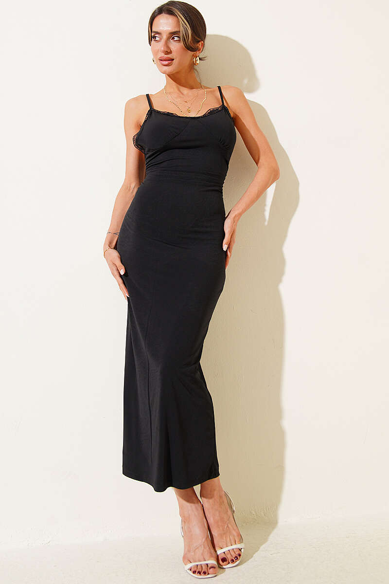 Spaghetti-Strap Midi Dress with Lace Detail - Black