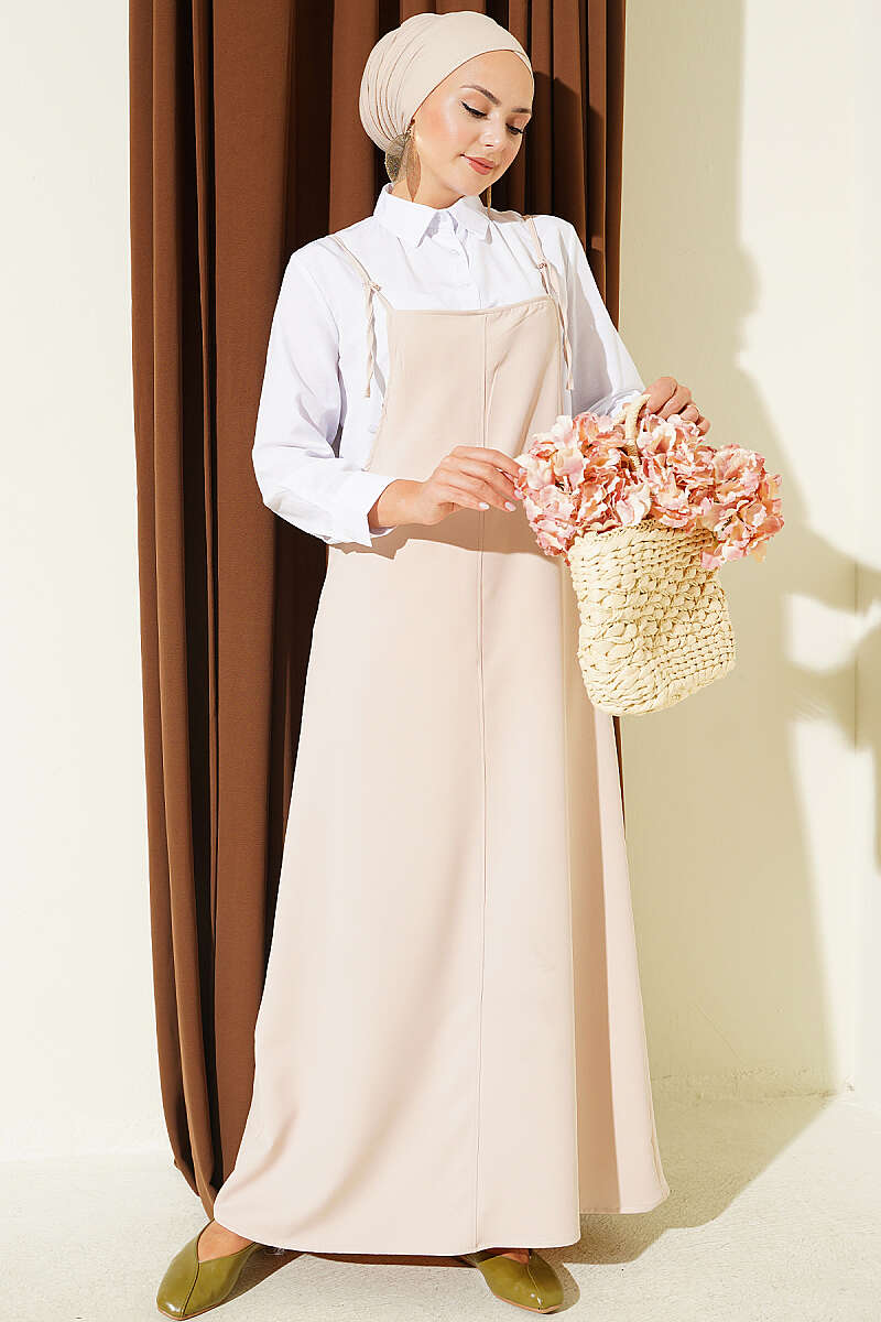 Pinafore Dress with Rope Straps - Beige