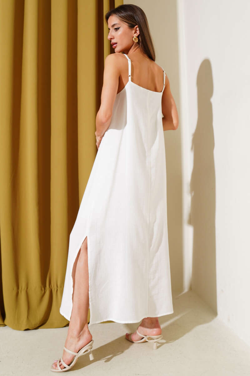 Spaghetti-Strap Muslin Dress with Side Slit - Ecru