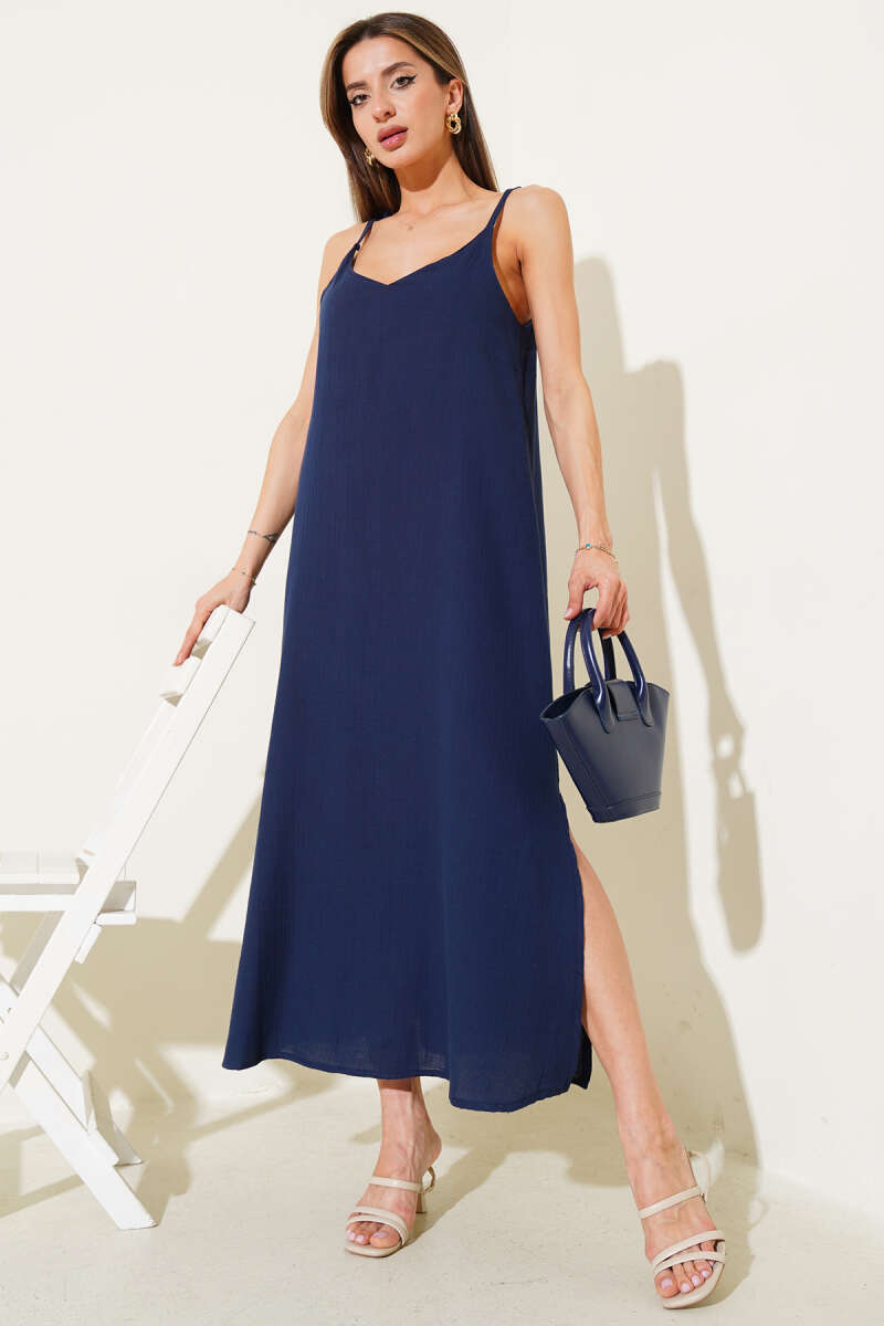 Spaghetti-Strap Muslin Dress with Side Slit - Navy