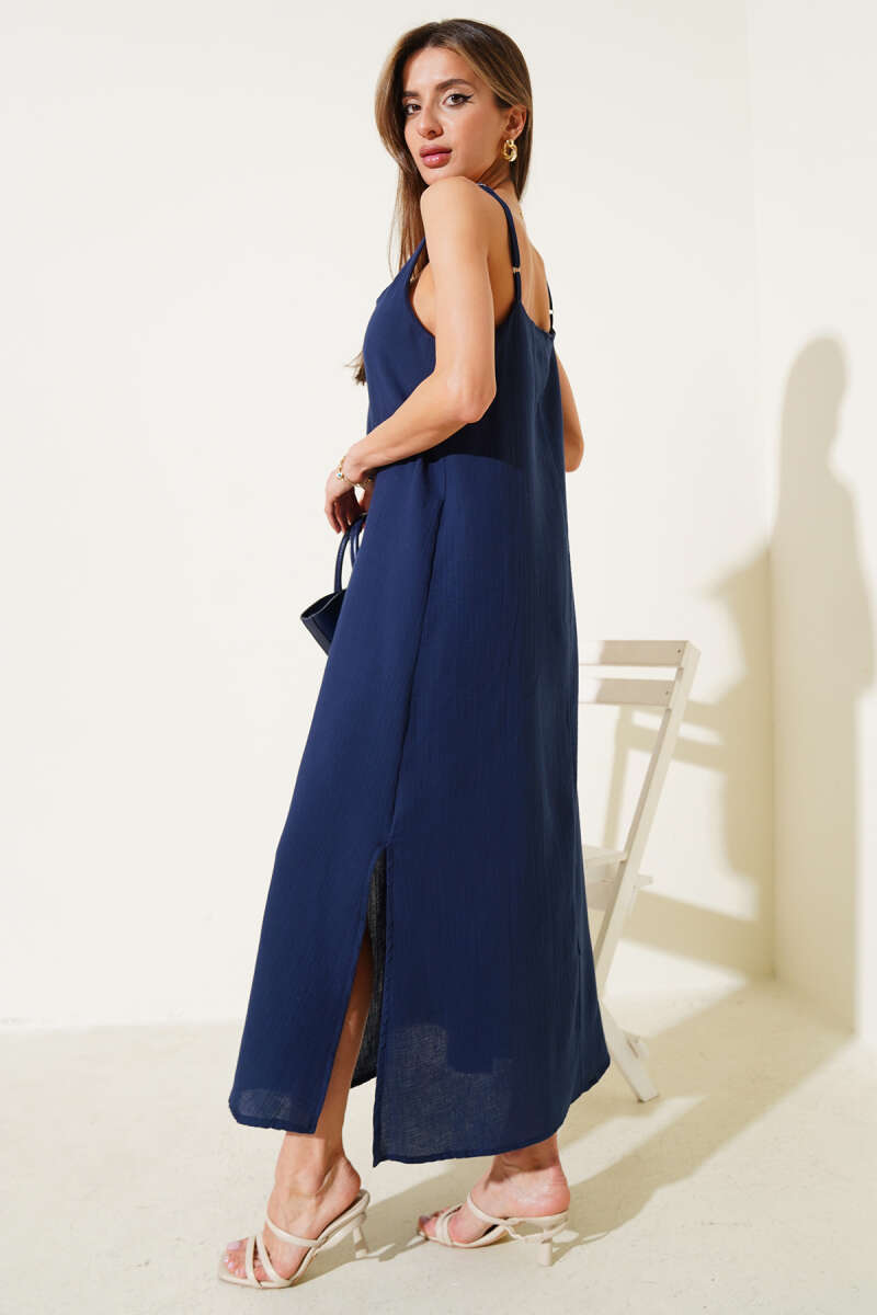 Spaghetti-Strap Muslin Dress with Side Slit - Navy