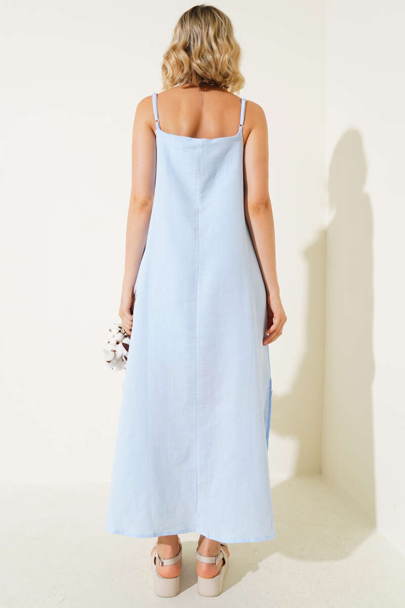 Spaghetti-Strap Muslin Dress with Side Slit - Blue