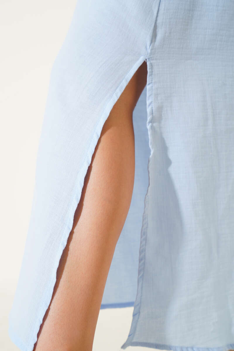 Spaghetti-Strap Muslin Dress with Side Slit - Blue