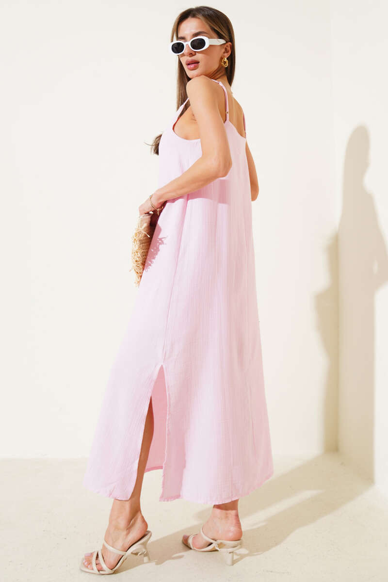 Spaghetti-Strap Muslin Dress with Side Slit - Pink