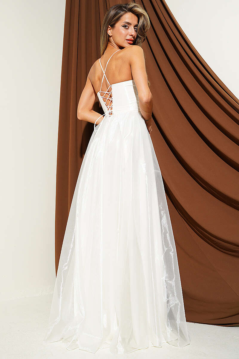 Spaghetti-Strap Evening Dress with Slit - Ecru