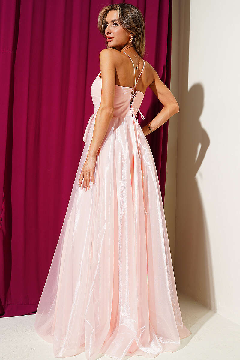 Spaghetti-Strap Evening Dress with Slit - Powder