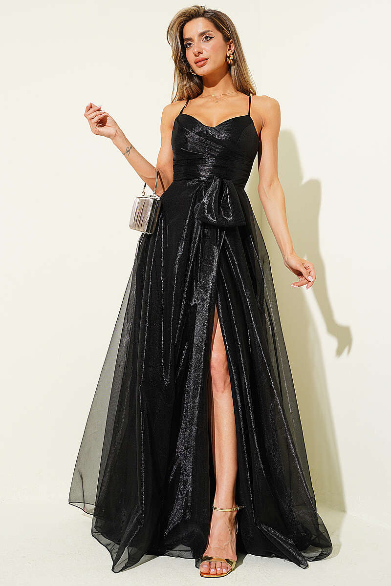 Spaghetti-Strap Evening Dress with Slit - Black