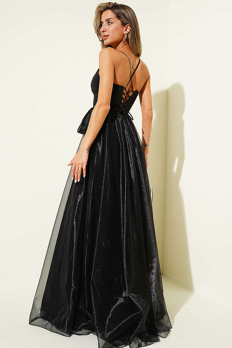 Spaghetti-Strap Evening Dress with Slit - Black